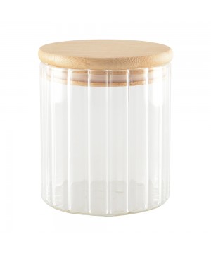 GLASS STORAGE JAR WITH WOODEN LID 9X9X10CM