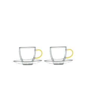 DOUBLE WALL CUPS AND SAUCERS WITH YELLOW HANDLE - SET OF 2