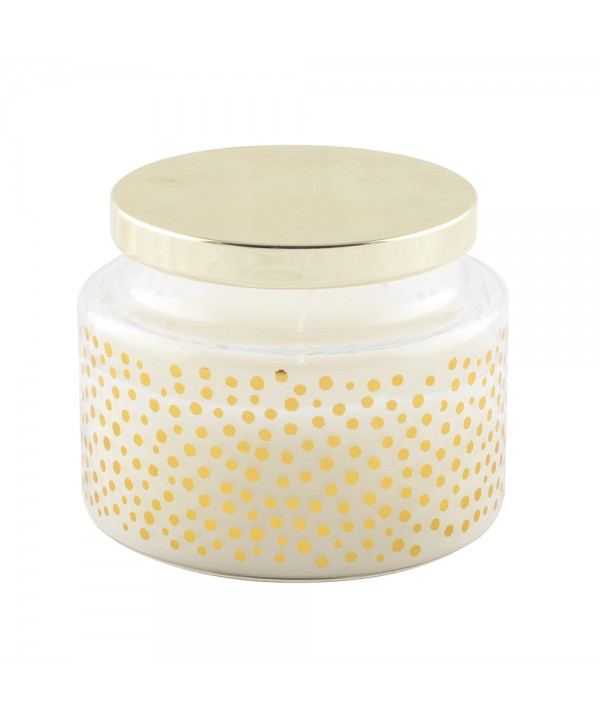 ROUND CANDLE WITH SMALL DOTS AND GOLDEN COVER, SAGE SCENT