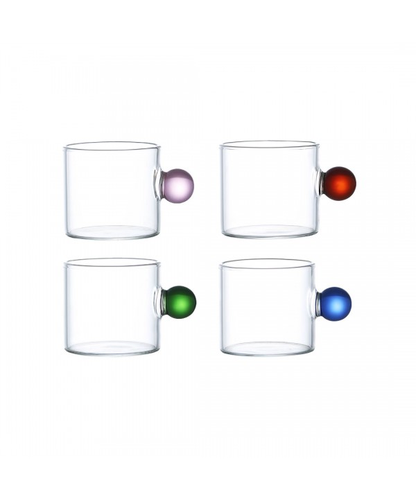 TRANSPARENT GLASS MUG WITH COLOURED HANDLE 100ML - SET OF 4