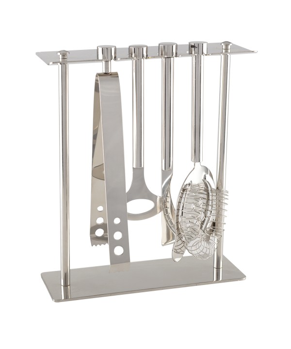 OUTILS DE BAR SUR SUPPORT 7 PIECES COLORIS ARGENT