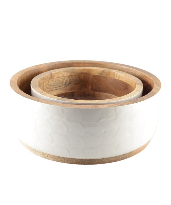 WHITE PEARL MANGO WOOD SALAD BOWLS 23CM AND 30CM - SET OF 2