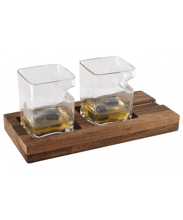 DUO WHISKY DEUX VERRES SUPPORT BOIS 4 GLACONS PIERRE CERAMIQUE