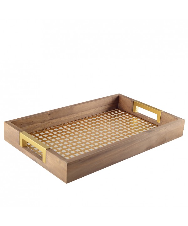 PLATEAU EN BOIS AVEC POIGNEES DOREES 40X25X5CM