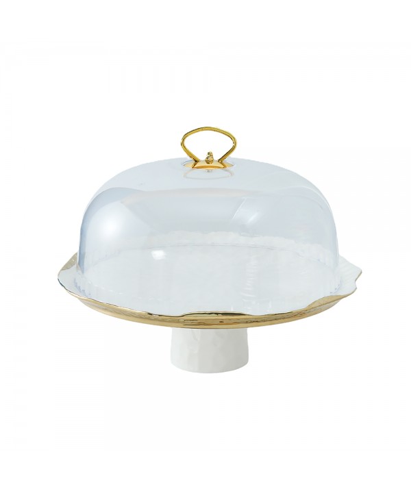 CLOCHE A GATEAU EN PORCELAINE BLANCHE AVEC BORDS DORES