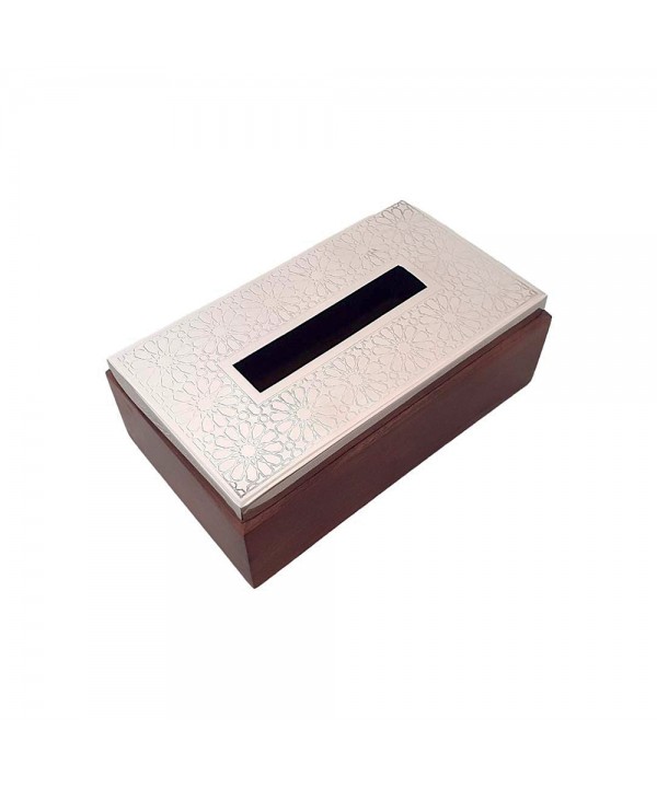 BOITE A MOUCHOIRS EN BOIS AVEC COUVERCLE EN METAL ARGENT 23X13X6CM