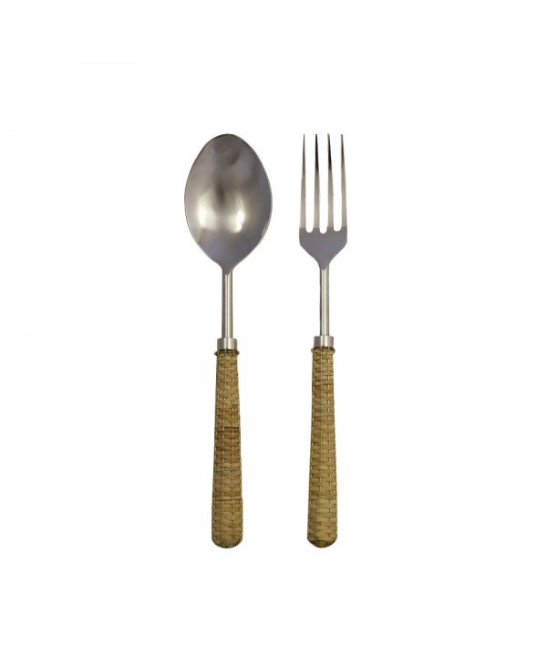 BEIGE SALAD SERVERS WITH WICKER HANDLES