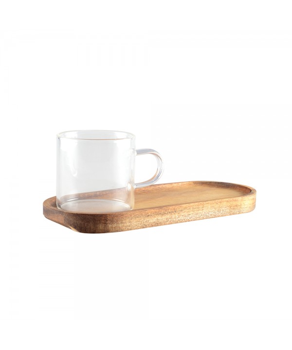 GLASS COFFEE CUP WITH WOODEN TRAY 20X8X6.5CM