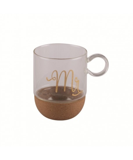 BOROSILICATE GLASS MUG WITH GOLD PRINTING "Mr" AND CORK BASE IN KRAFT