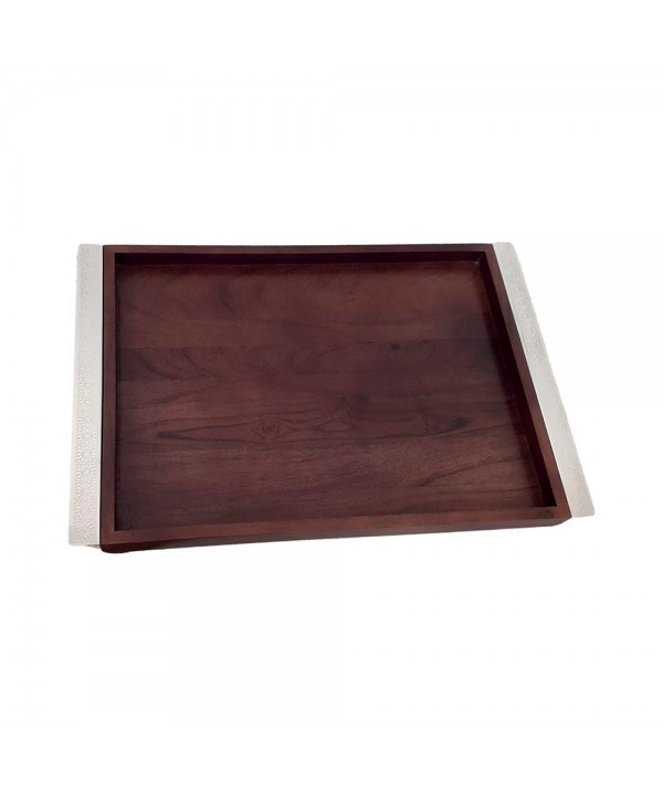 RECTANGULAR WOODEN TRAY WITH SILVER METAL HANDLES 44X33CM