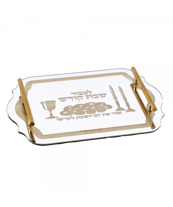 MIRROR TRAY WITH WRITING AND GOLD HANDLES 40X30CM