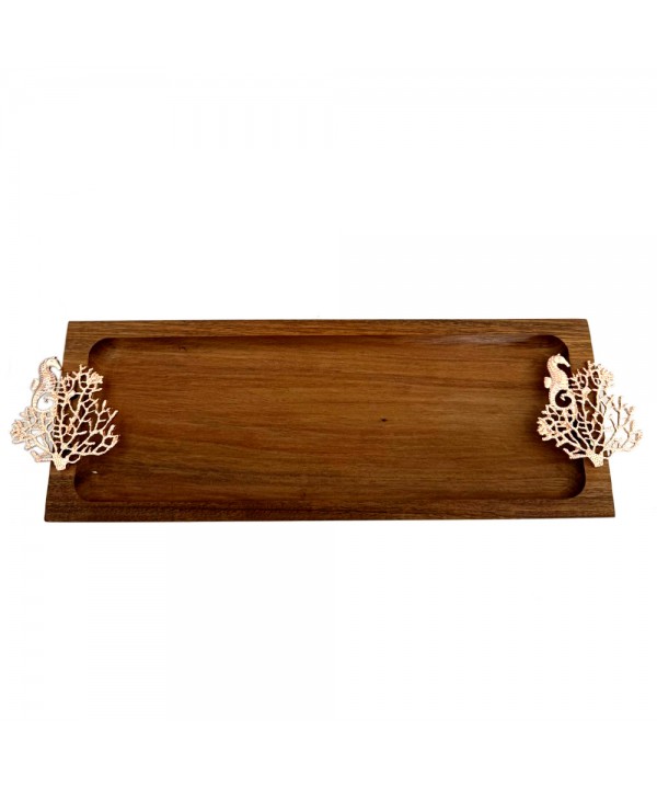 WOODEN TRAY WITH CORAL PINK GOLD DECORATION 42X13X3CM