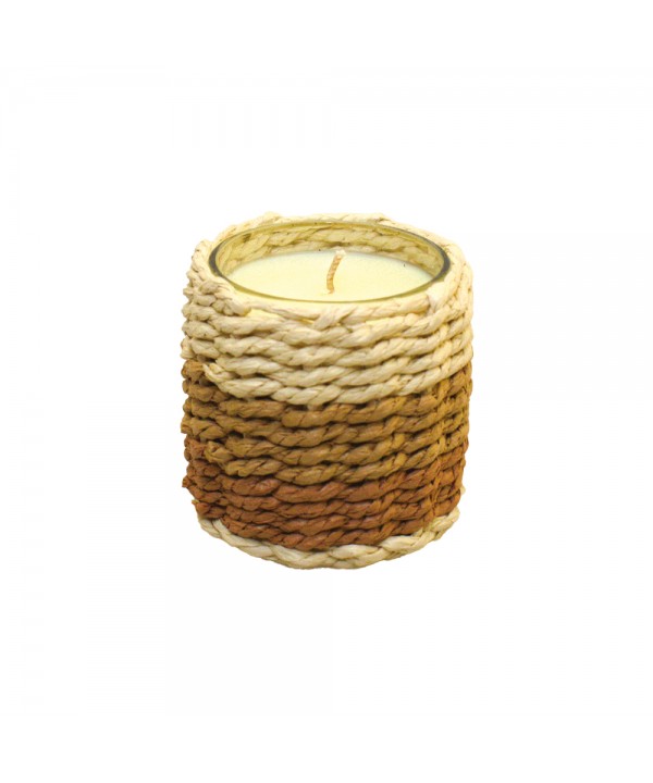 GLASS CANDLE BROWN AND YELLOW BRAID MUSK FRAGRANCE SMALL MODEL