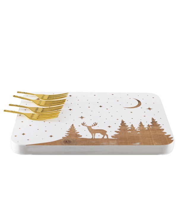 SET 4 GOLD CHEESE FORKS WITH ACACIA TRAY