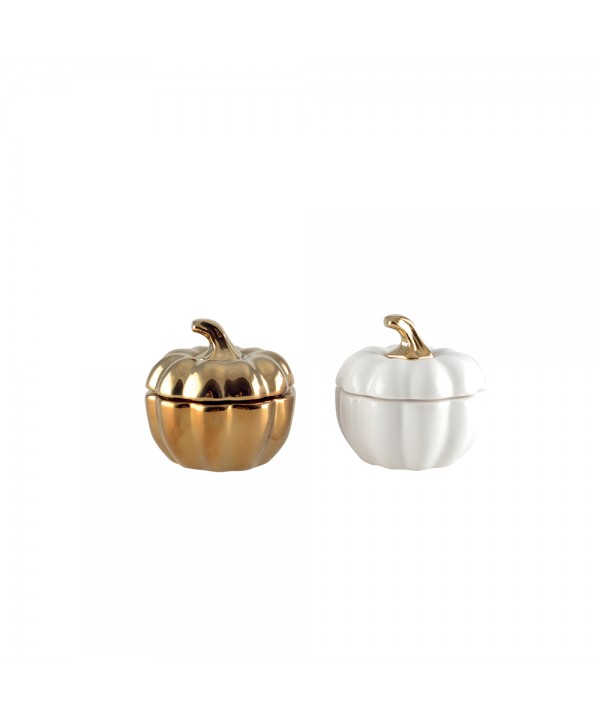 WHITE AND GOLD PUMPKIN CANDLE HOLDERS - SET OF 2