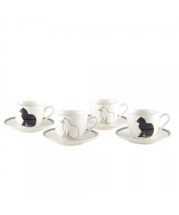 COFFEE CUPS WITH SAUCERS BLACK AND WHITE CAT - SET OF 4