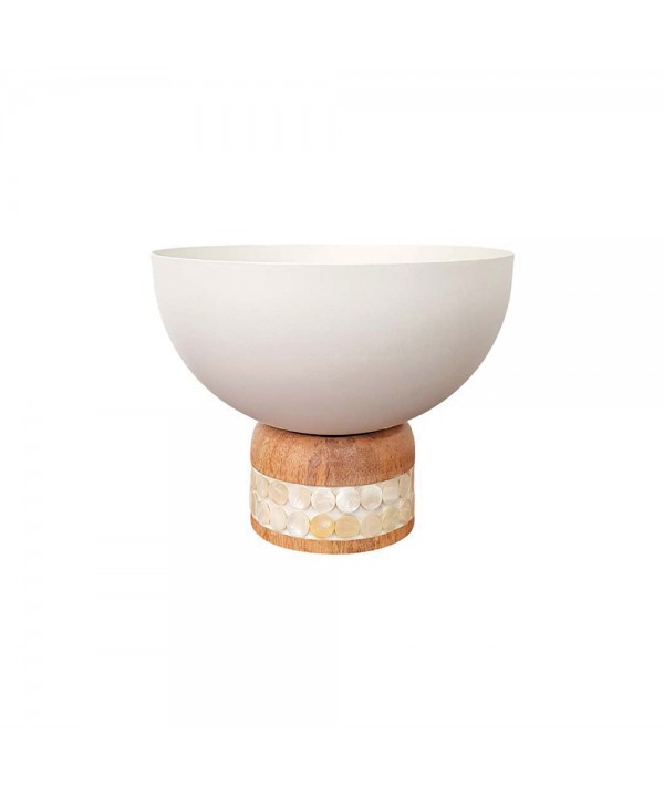 WHITE FRUIT BOWL ON WOODEN BASE SMALL MODEL 18X18X15CM