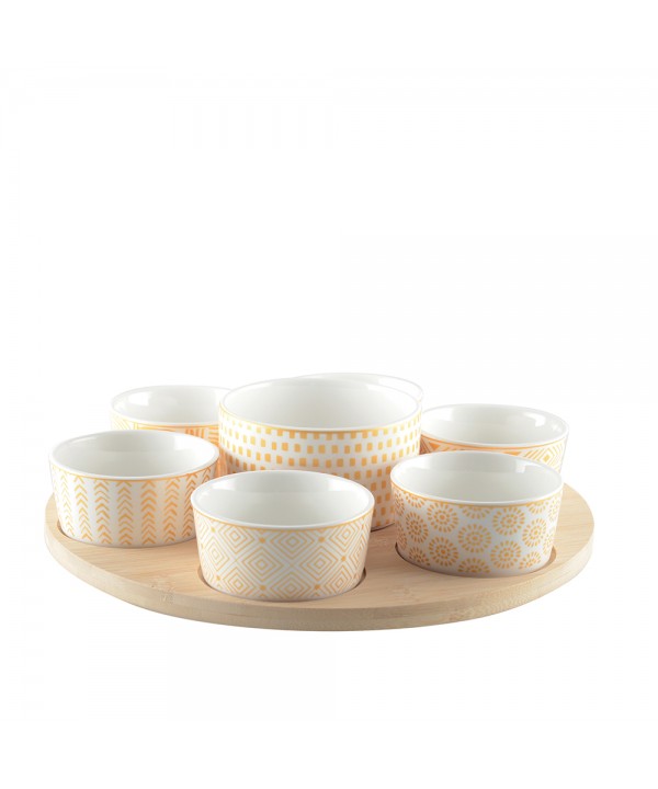 APERITIF SET OF 7 BOWLS ON ROUND WOODEN TRAY 