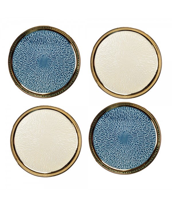 DESSERT PLATE WITH GOLD RIM 2 BLUE AND 2 CREAM - SET OF 4