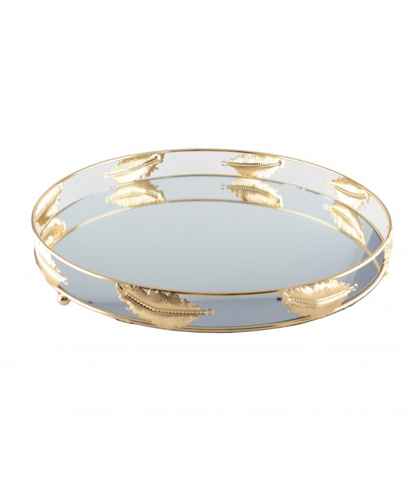 ROUND GOLD LEAF GLASS TRAY 35X35X3CM