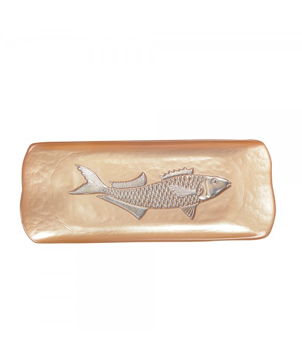 RECTANGULAR CARAMEL DISH WITH SILVER FISH 31.7X12.7CM