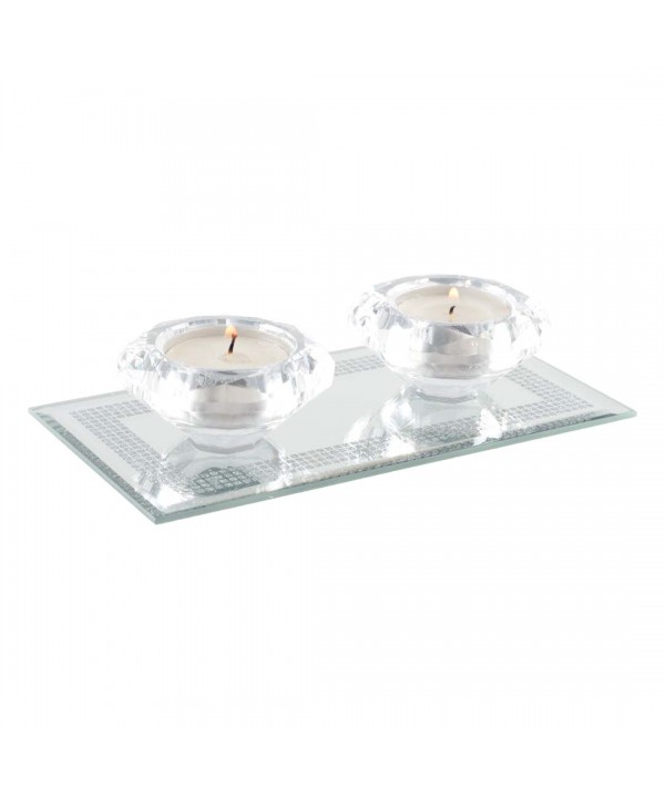 CRYSTAL CANDLEHOLDERS ON SILVER MIRROR RECTANGLE STAND 